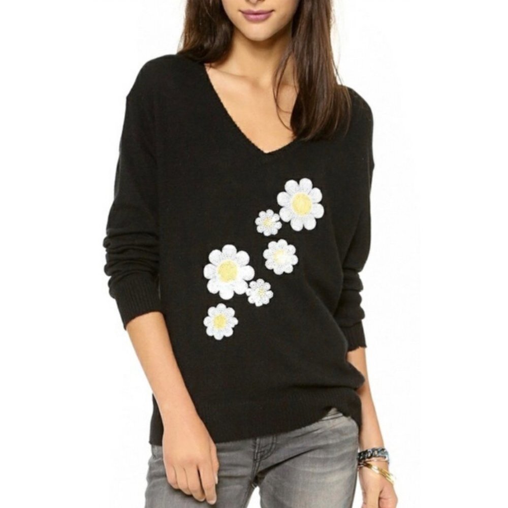 Wildfox White Label Black Jumper with Sequin Daisies Size M